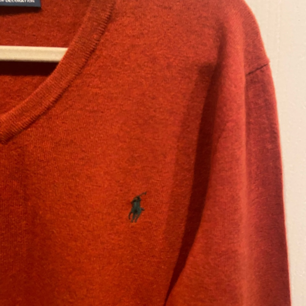 Polo  by Ralph Lauren Burnt Orange Mens V-Neck Logo Sweater Size Large - Picture 2 of 4